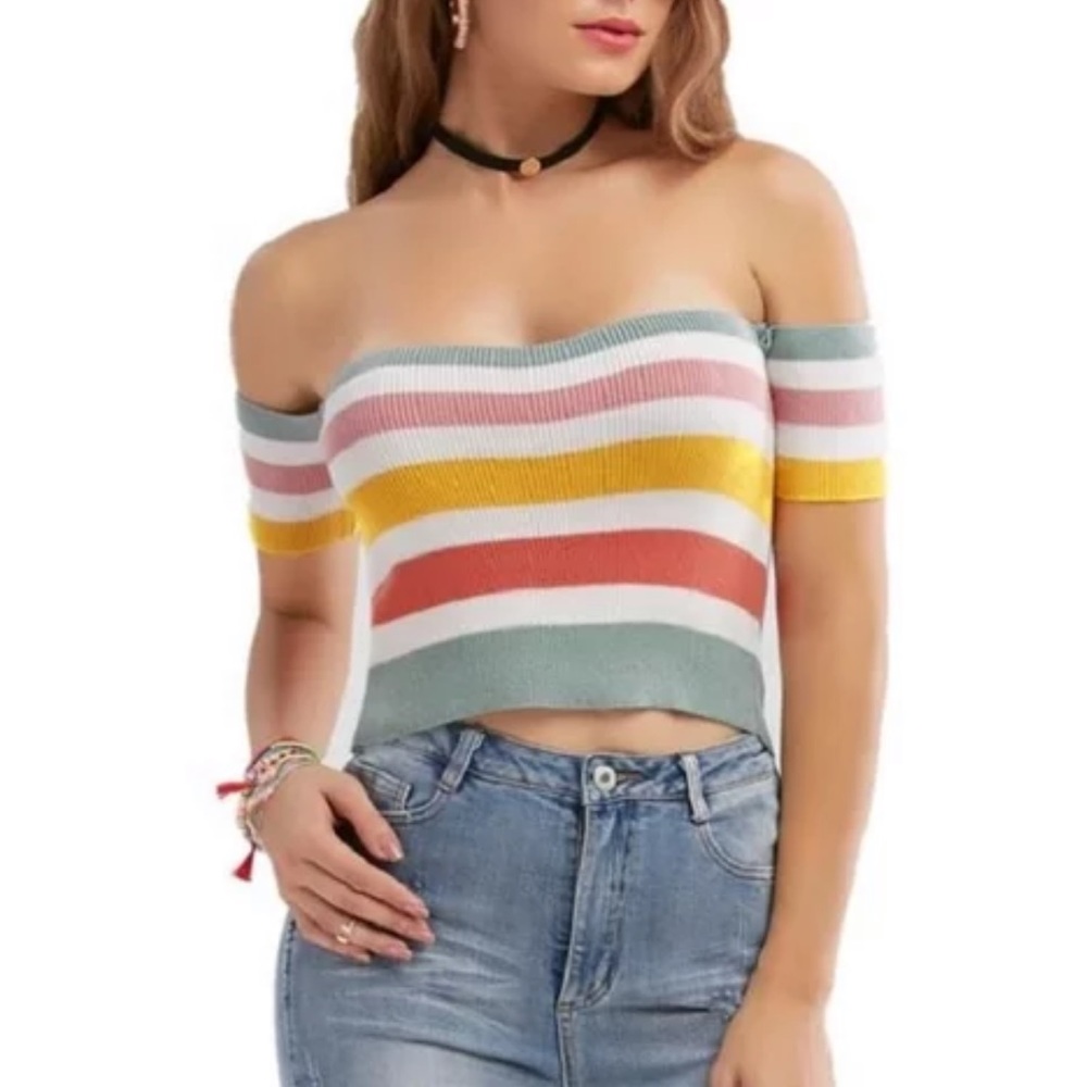 Off the Shoulder Striped Sweater Crop Top